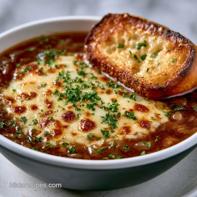 A rustic white bowl filled with rich brown broth and a golden, melted cheese crust beside a linen napkin.