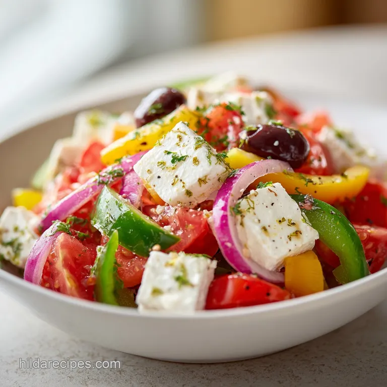 Artfully arranged Greek salad. Chunky vegetables glisten with dressing, adorned with a sprig of oregano and crumbled cheese.