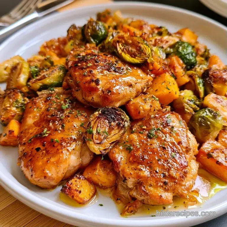 Seared golden-brown chicken thighs on a white plate with vibrant glazed carrots and a sprig of fresh rosemary.