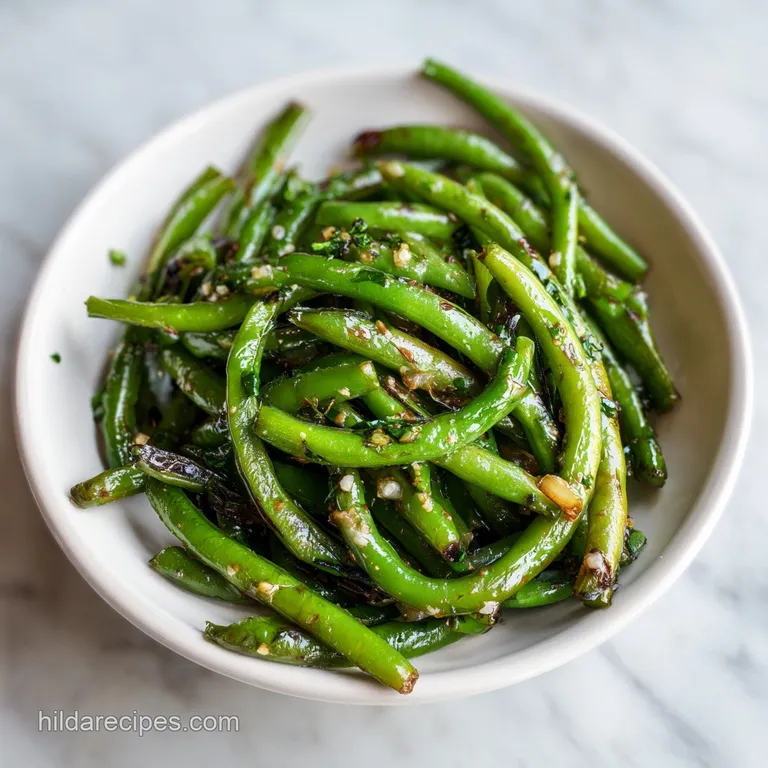 A bright serving of tender-crisp green Baguio beans, neatly plated with a sprinkle of toasted garlic chips on a white plate.