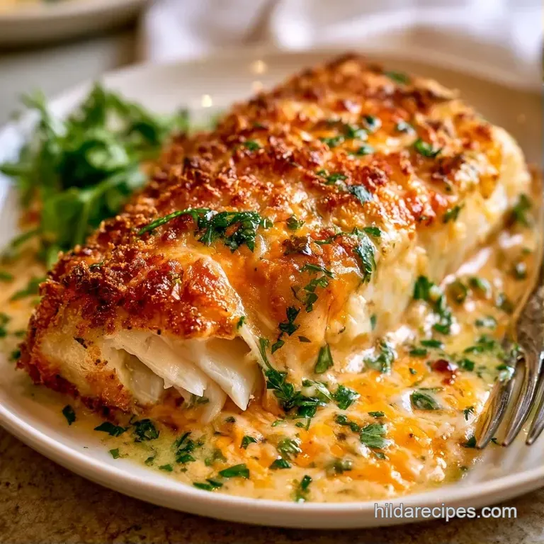 Golden-brown herb cheese topping a flaky white fish fillet, served on a slate plate with bright green pea shoots.