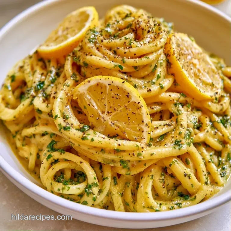 A swirl of creamy white pasta topped with lemon zest and black pepper, served on a matte grey ceramic plate.