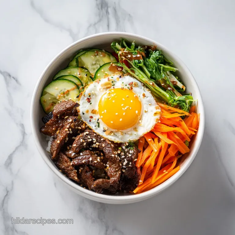 Artfully plated bibimbap: tender beef, bright julienned carrots, zucchini, spinach, and a sunny-side up egg drizzled with ...