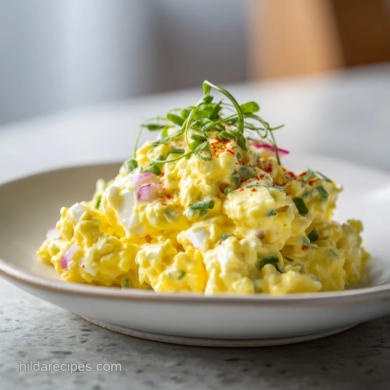 A dollop of creamy egg salad sits atop toasted sourdough bread, garnished with paprika.