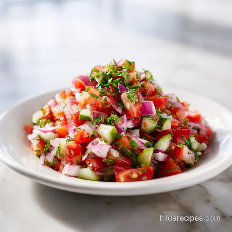 Neatly arranged Israeli salad, bursting with fresh vegetables, drizzled with a tangy sumac dressing. A vibrant, healthy si...