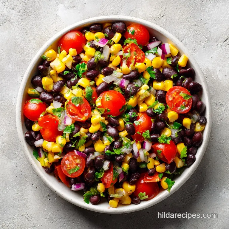 Bright black bean and corn salad piled high on a white plate. Cilantro sprigs add freshness. A colorful vegetarian delight.