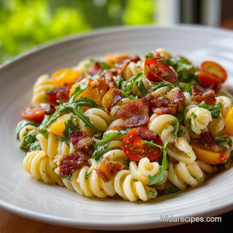 Elegant serving of BLT pasta salad, showcasing the layers of crisp bacon, juicy tomatoes, and fresh greens.