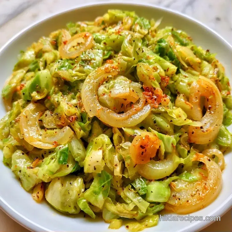 A heap of tender, translucent cabbage leaves and soft onions garnished with cracked black pepper on a white plate.