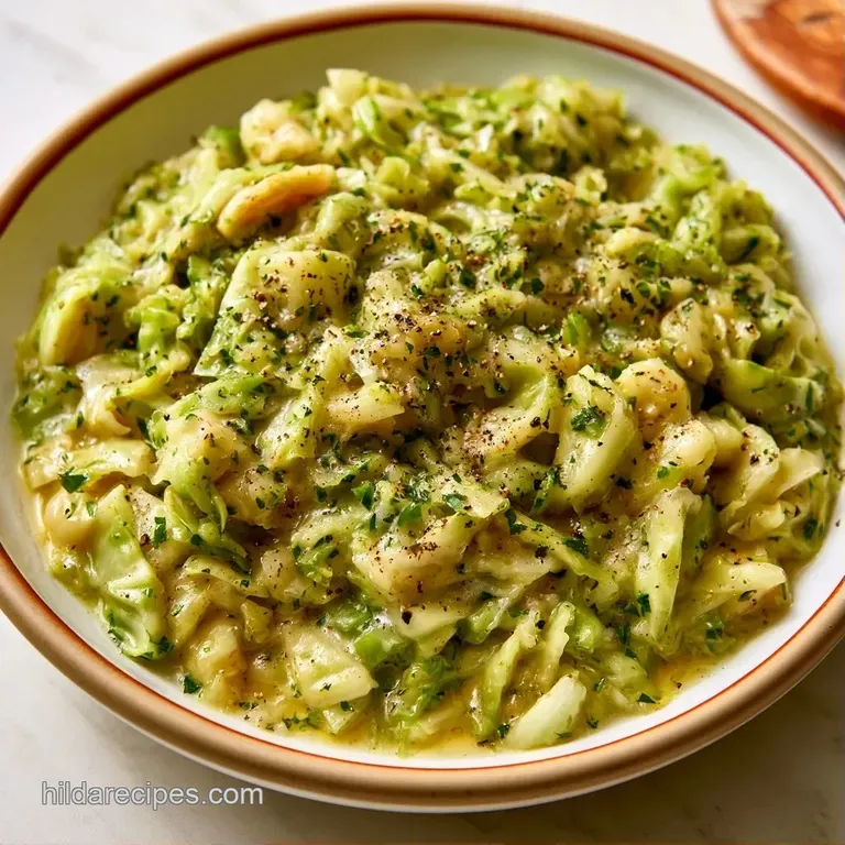 Artfully arranged tender cabbage wedges on a white plate, coated in a shimmering golden butter sauce with herbs.