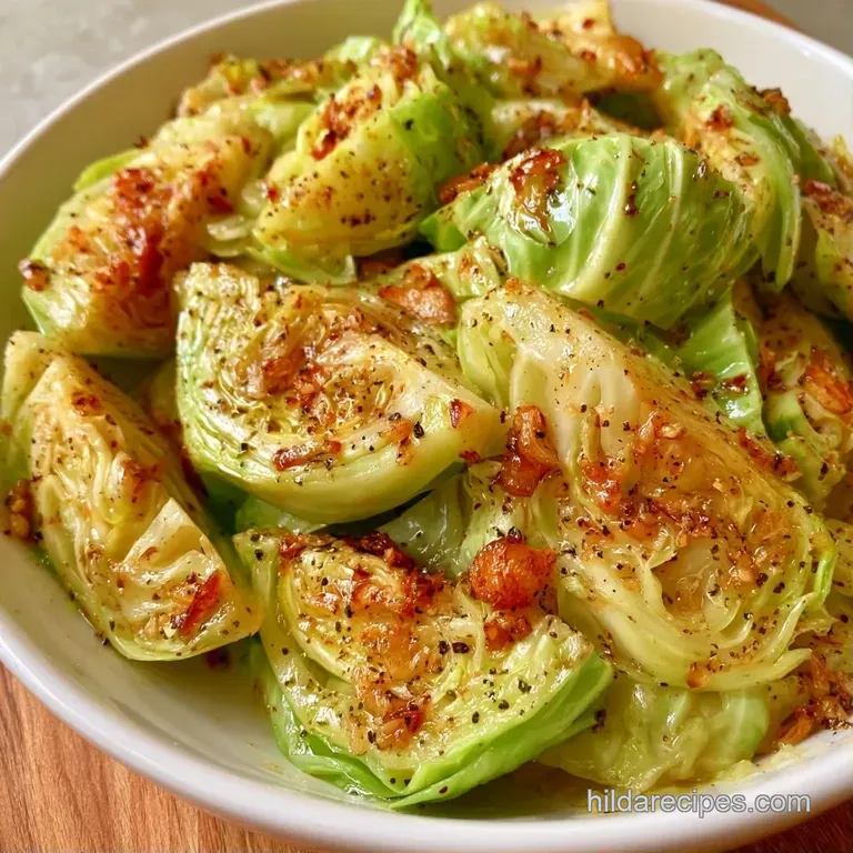 Glossy, tender green cabbage and plump olives arranged in a white bowl, garnished with golden roasted garlic.