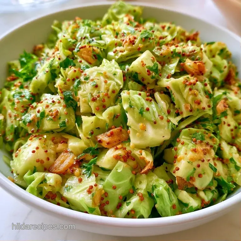 Gently steamed pale green cabbage piled high in a white bowl, accented by tiny dark seeds and a drizzle of oil.