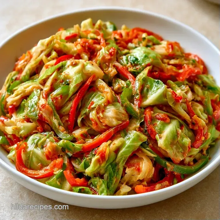 Steam rising from a white ceramic dish filled with soft green cabbage and colorful bell pepper slices, lightly oiled.