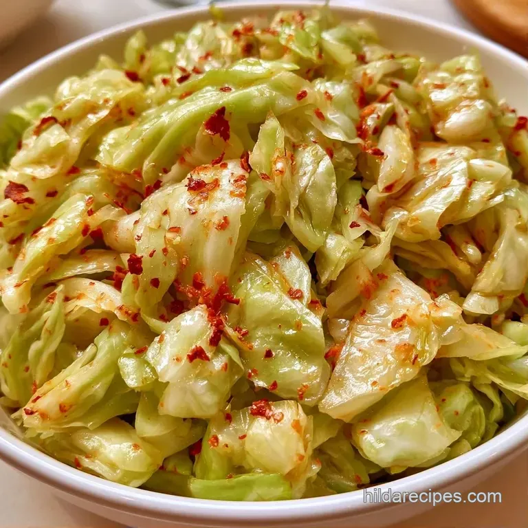 Tender cabbage wedges glistening with spicy red oil, served in a ceramic bowl with a sprinkle of green scallions.