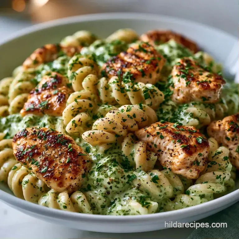 A swirl of creamy pasta topped with seared chicken, sprinkled with fresh parsley on a matte grey ceramic plate.
