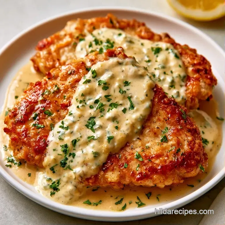 Two seared chicken thighs on a white ceramic plate, drizzled with velvety cream sauce and fresh parsley