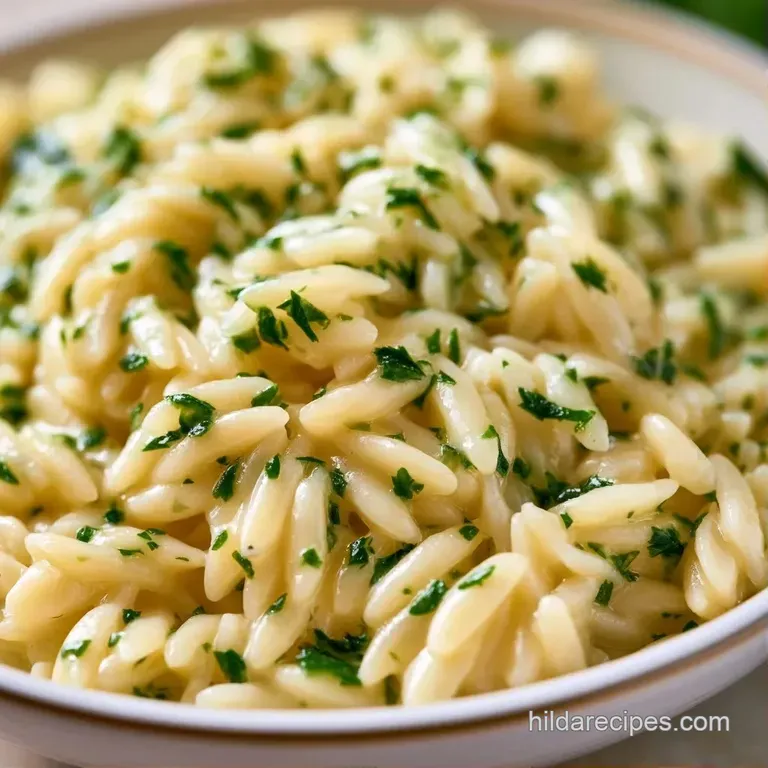 Creamy herbed pasta served in a shallow white bowl, topped with a sprig of fresh parsley and cracked black pepper.