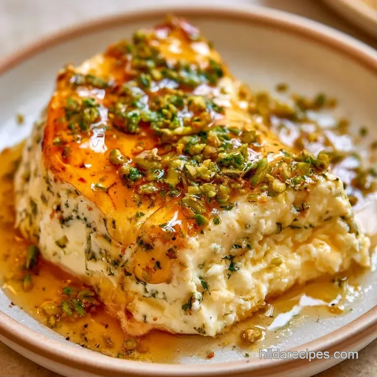 A white ceramic platter featuring a creamy cheese wheel topped with bright green pistachios and golden honey.