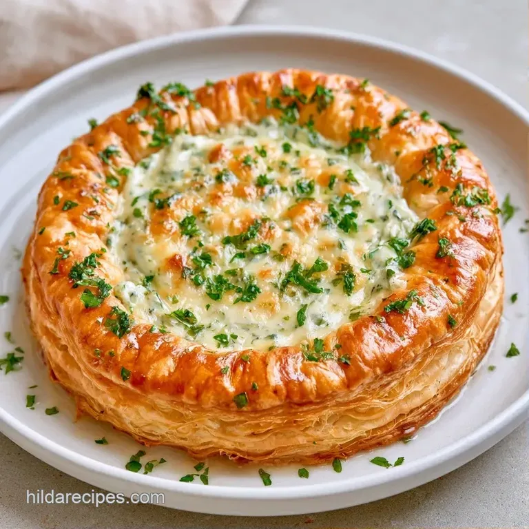 Neatly stacked savory pastries on a white marble platter garnished with fresh parsley and sliced cherry tomatoes.