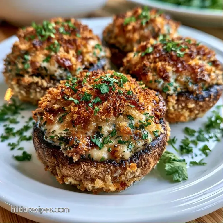 Elegant arrangement of roasted mushroom caps topped with melted cream cheese and golden panko, sprinkled with herbs.