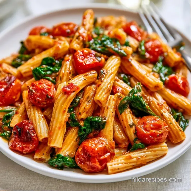 Swirls of pasta topped with bright red tomatoes and wilted spinach, served in a white bowl with a dusting of cheese.