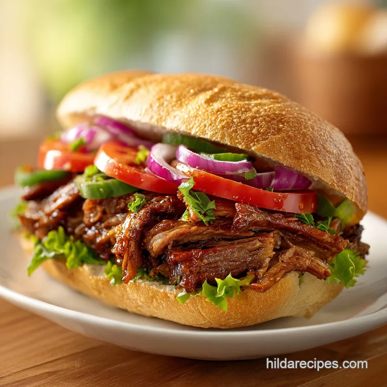 Brisket sandwich half with vibrant toppings cascading out, displayed on craft paper to showcase its rich color and texture.