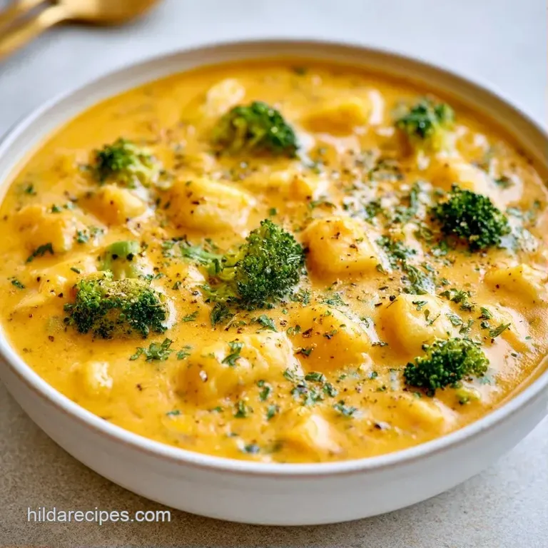 Golden velvet soup in a white porcelain bowl topped with a swirl of cream and fresh parsley on a rustic linen cloth.