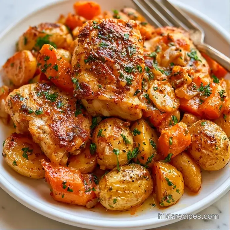 Golden roast chicken nestled beside vibrant orange carrots and tender potatoes on a minimalist ceramic platter.