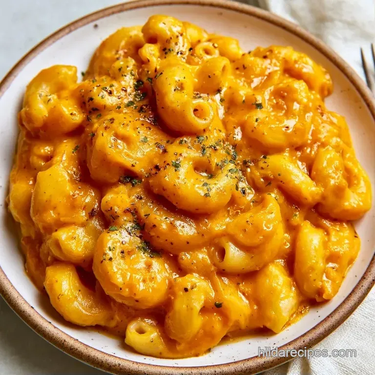 Vibrant orange pasta curls in a minimalist white bowl, garnished with a sprig of fresh parsley and cracked pepper.