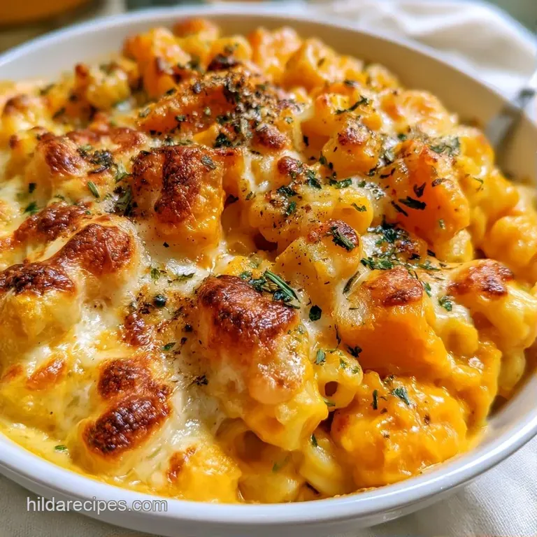 A neat portion of creamy orange pasta topped with a toasted cheese crust and a sprig of fresh parsley on a blue plate