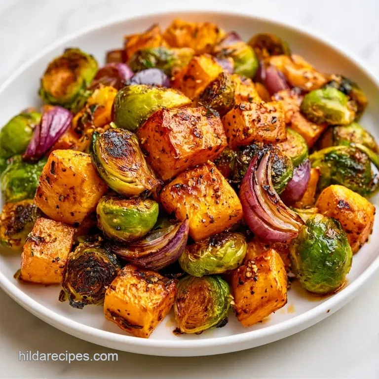 Vibrant orange roasted squash and charred red onions artfully plated on a white dish with a sprinkle of green herbs.