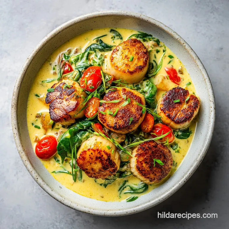 Perfectly seared scallops arranged artfully on a swirl of vibrant, creamy sauce with specks of seasoning and herb garnish.