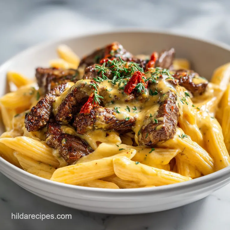 Cajun Steak Tips with Penne in Creamy Garlic Parmesan Cheese Sauce