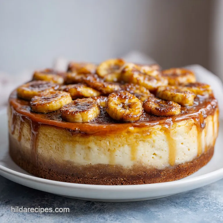 A slice of vanilla cheesecake with glistening caramelized bananas and a dusting of cocoa. Hints of creamy vanilla entice t...
