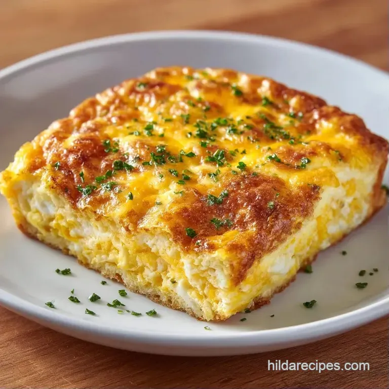 Square slice of fluffy baked eggs topped with melted gold cheese on a white plate with a side of fresh baby spinach