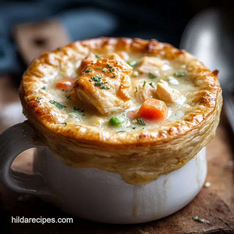 A flaky, golden chicken pot pie slice on a white plate, showcasing tender vegetables and rich sauce.