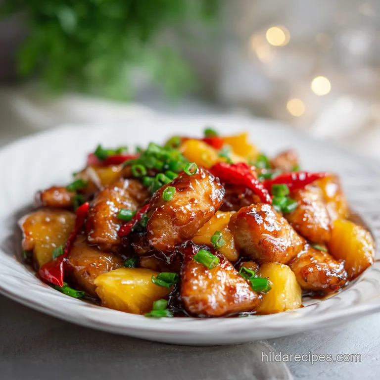 A beautifully arranged serving of sweet and sour pineapple chicken, glistening with sauce and fresh green garnishes.