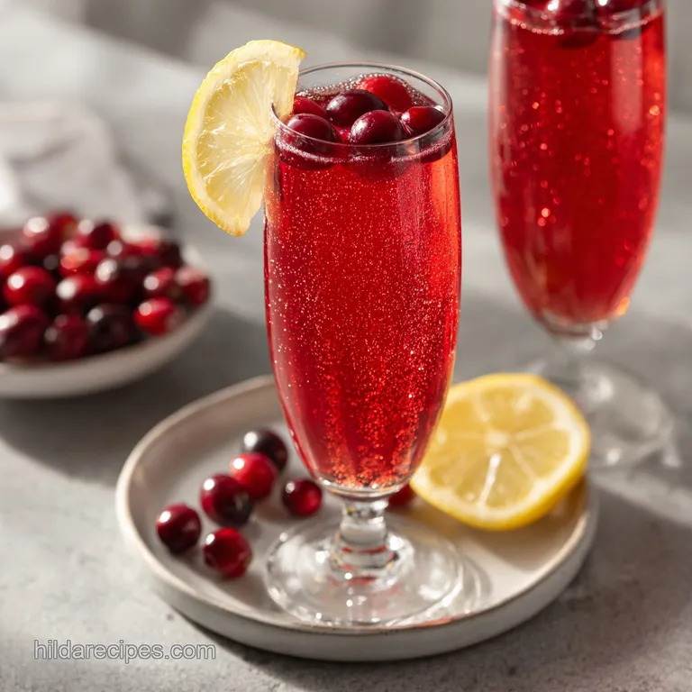Elegant champagne flute filled with a vibrant red drink, topped with a green sprig and red berries on a white lace cloth.