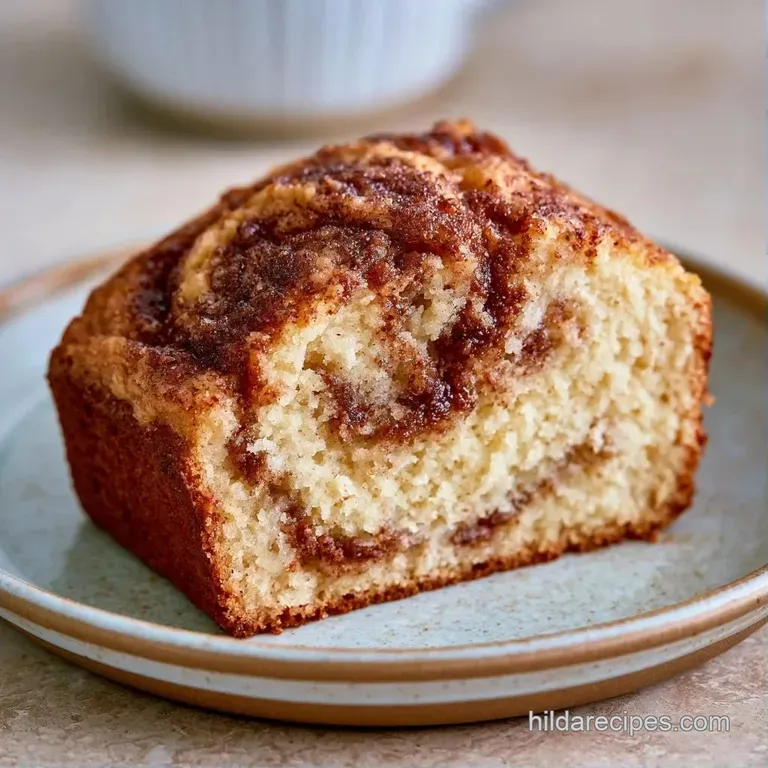 A slice of golden-brown spiced cake on a white plate, topped with a dusting of sugar and fresh blueberries.