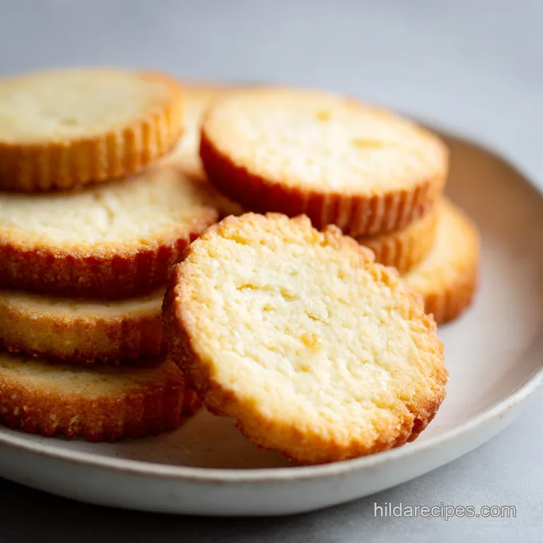 Stacked buttery shortbread cookies on a white plate, beside a glass of milk. Delicate crumbs, simple elegance, comforting ...