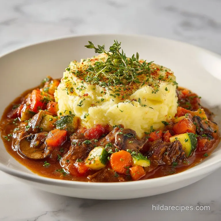 A square slice of savory meat pie topped with toasted potato peaks, served on a white plate with a side of greens.