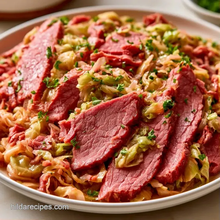 Sliced pink beef layered over steamed green cabbage and orange carrots on a matte black ceramic serving plate.