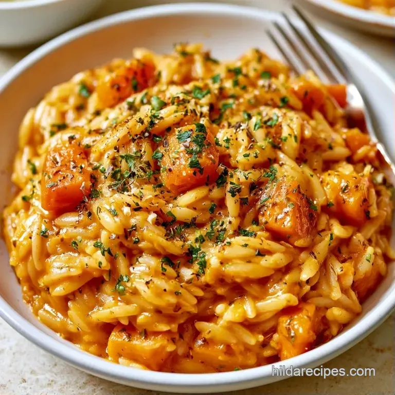 A shallow white bowl of velvety orange pasta topped with thin shavings of parmesan and a sprig of fried sage.