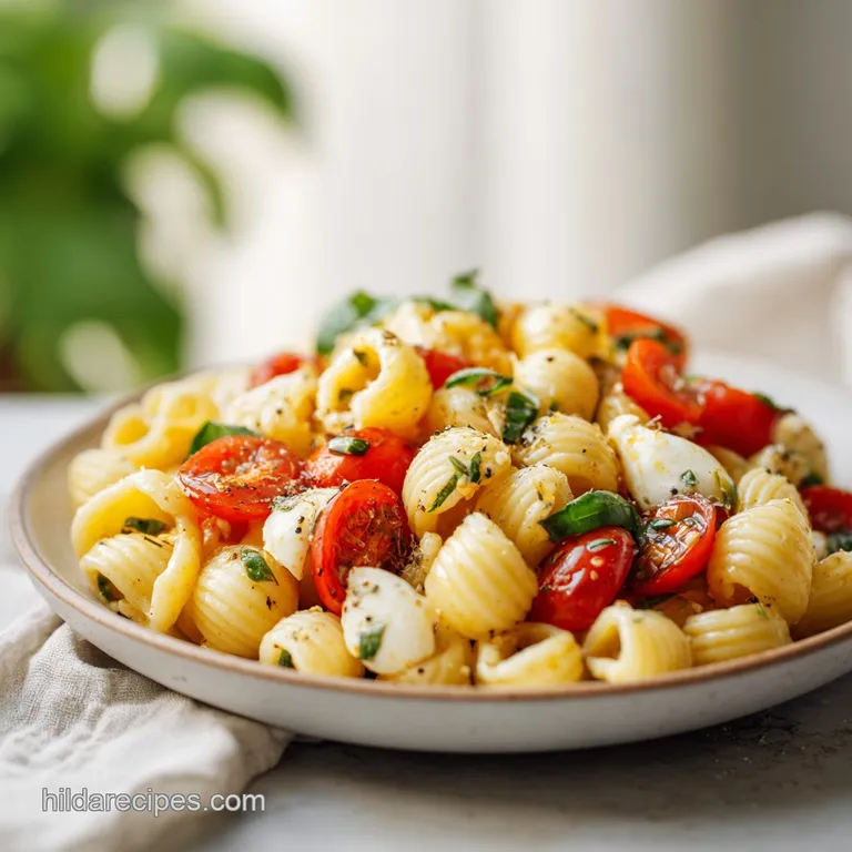 Caprese pasta salad elegantly arranged in a white bowl, showcasing the colorful ingredients and creamy texture, ready to eat.
