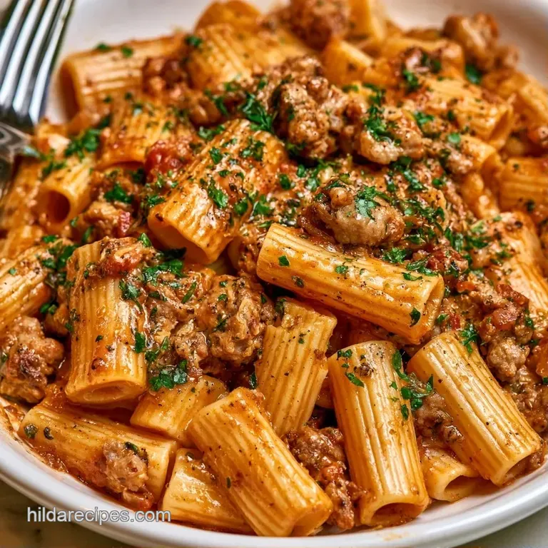 Elegant white bowl of creamy pasta on a rustic wooden table with a silver fork and a dusting of grated parmesan.