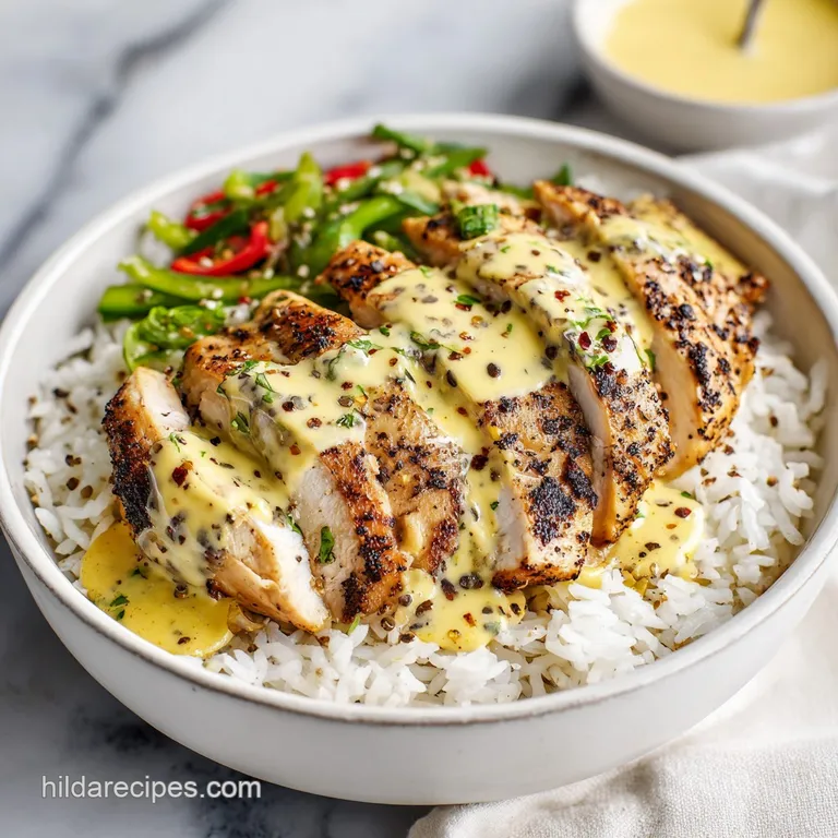 Lemon pepper chicken bowl arranged artfully with microgreens, glistening sauce, and a lemon wedge on a white plate.