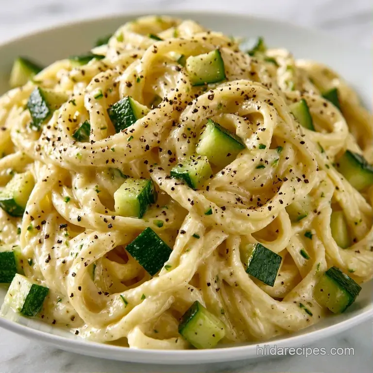 Elegant white plate of creamy pasta with bright green zucchini, garnished with fresh basil and cracked pepper.
