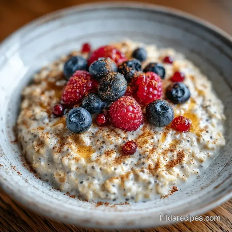 A minimalist glass jar filled with layered white cream and oats, topped with vibrant berries and a sprig of mint.