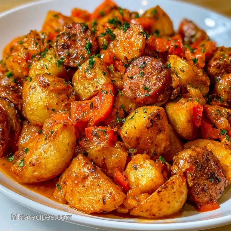 Sliced browned sausage and tender gold potatoes in a cream sauce, plated elegantly with a sprinkle of green chives.