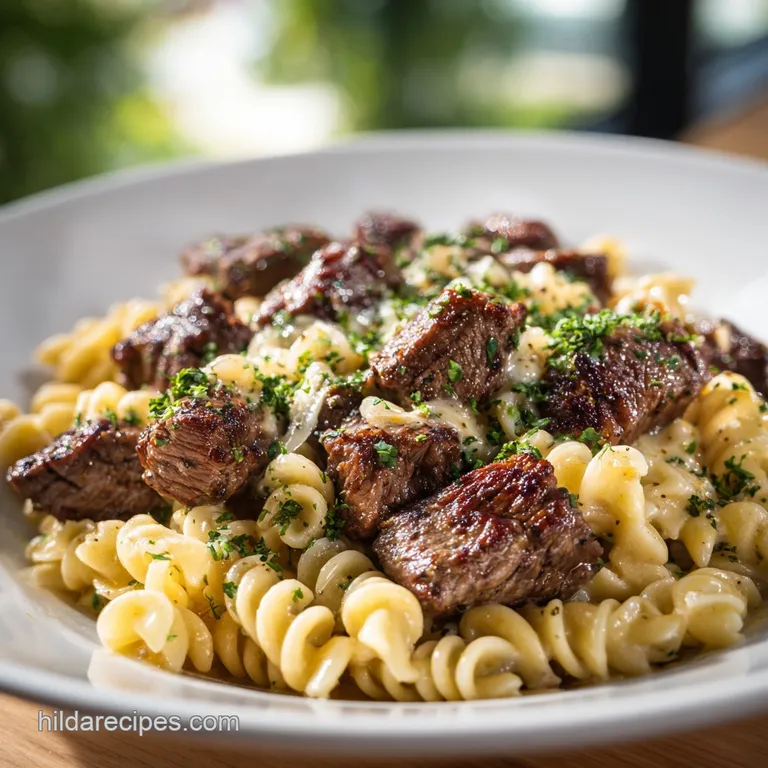 Perfectly plated creamy pasta twirl with tender steak bites. Garnished with vibrant herbs and a dusting of red pepper flakes.