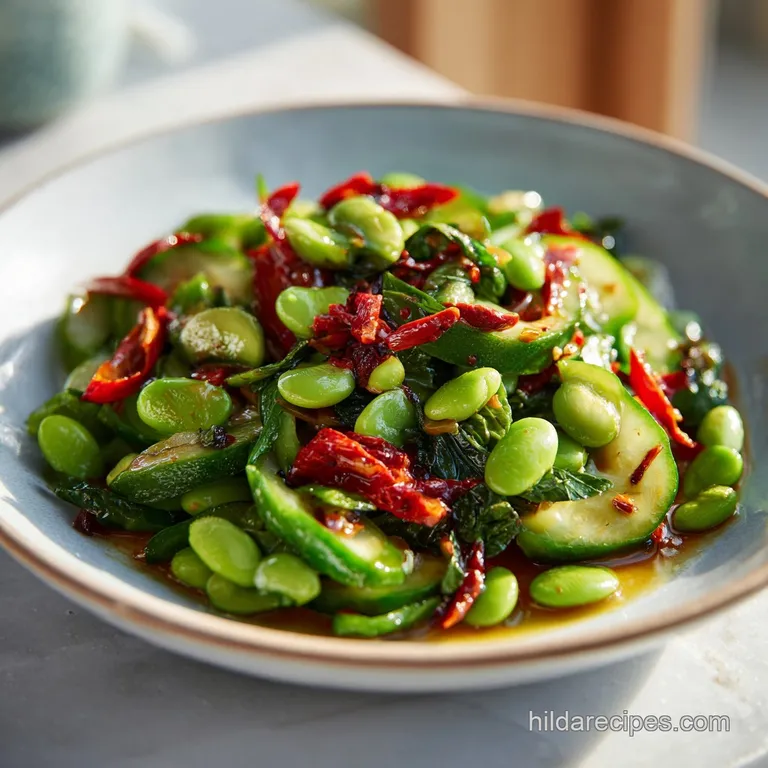 A bright green cucumber and edamame salad artfully arranged in a white bowl, garnished with fresh herbs and a lemon wedge.